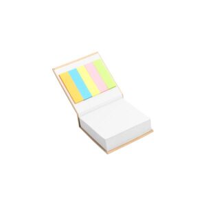 Libreta ecológica de pasta rígida con notas de color blanco y banderitas de colores adhesivas.