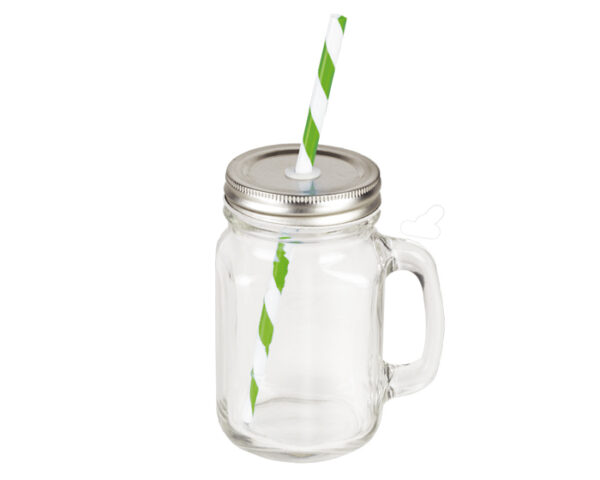 Vaso de vidrio con asa y tapa popote verde